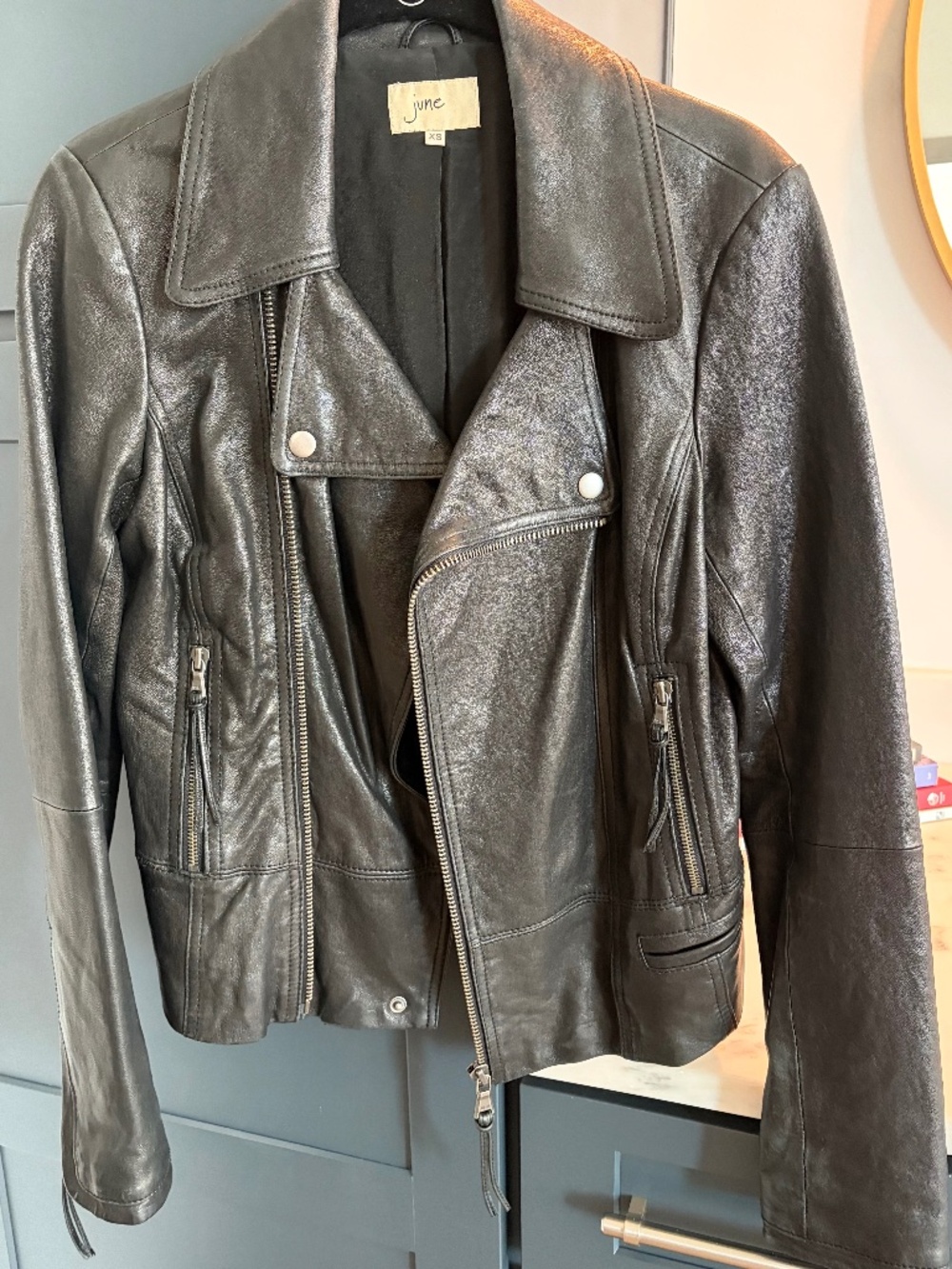 JUNE Black Leather Moto Biker Jacket Asymmetrical Zip XS